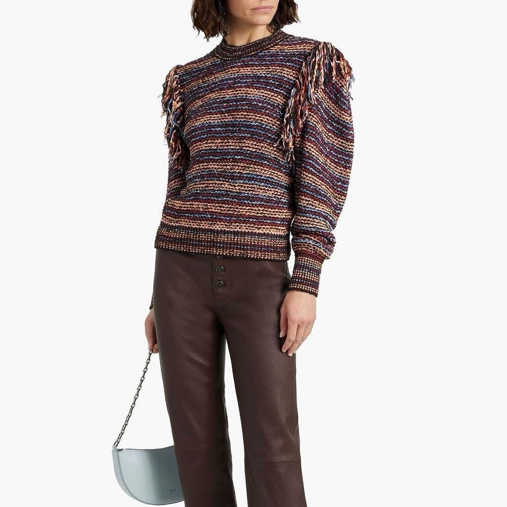 ULLA JOHNSON Arquette Fringed Striped Cottonblend Sweater Size L